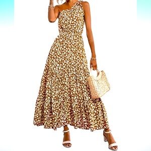 PRETTYGARDEN Floral Knot One Shoulder Sleeveless Boho Dress. Jiang Yellow